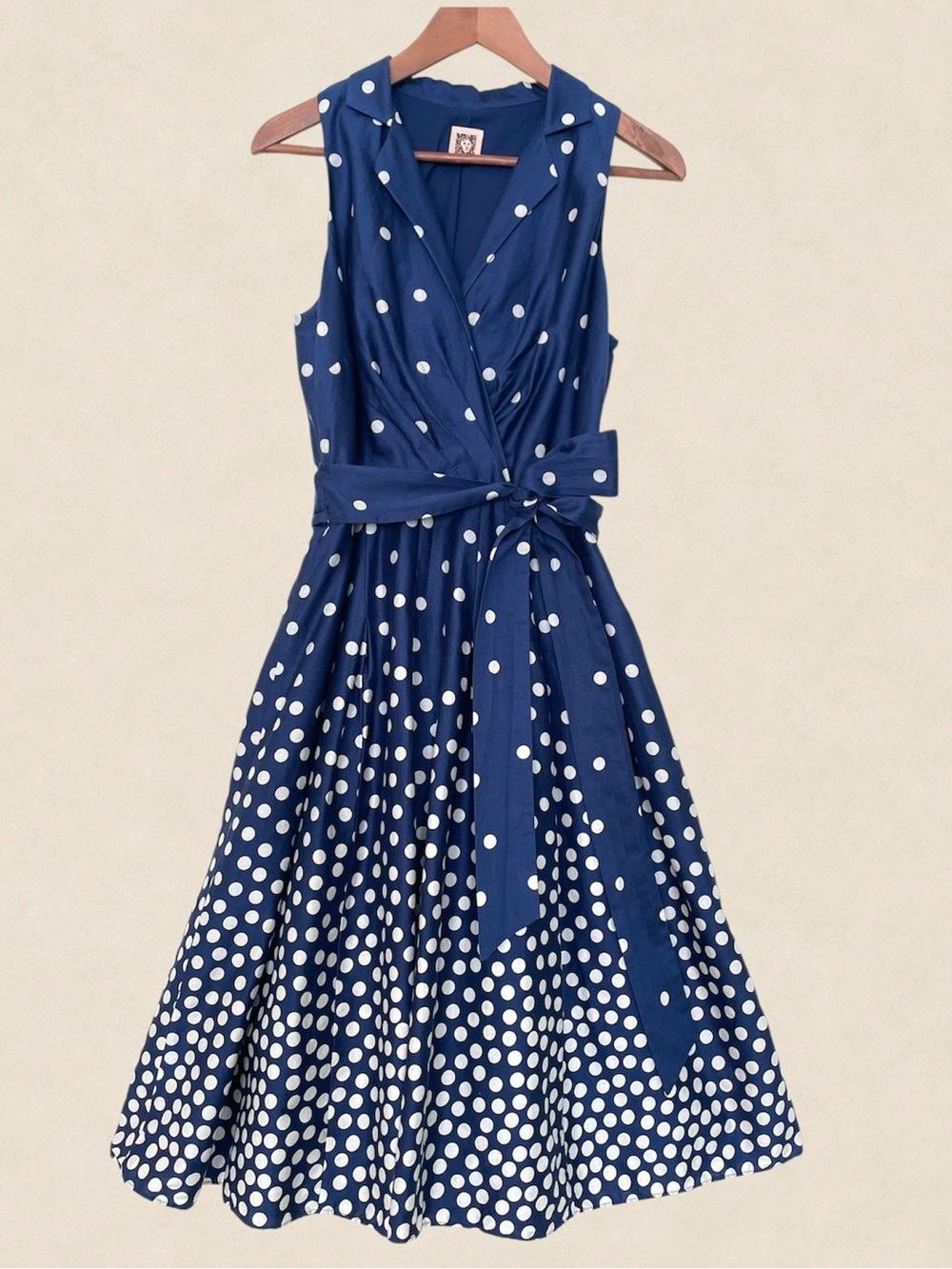 Anne Klein 100% Cotton Blue Polka Dot Wrap Midi Dress Size 8 Belted Fit & Flare
